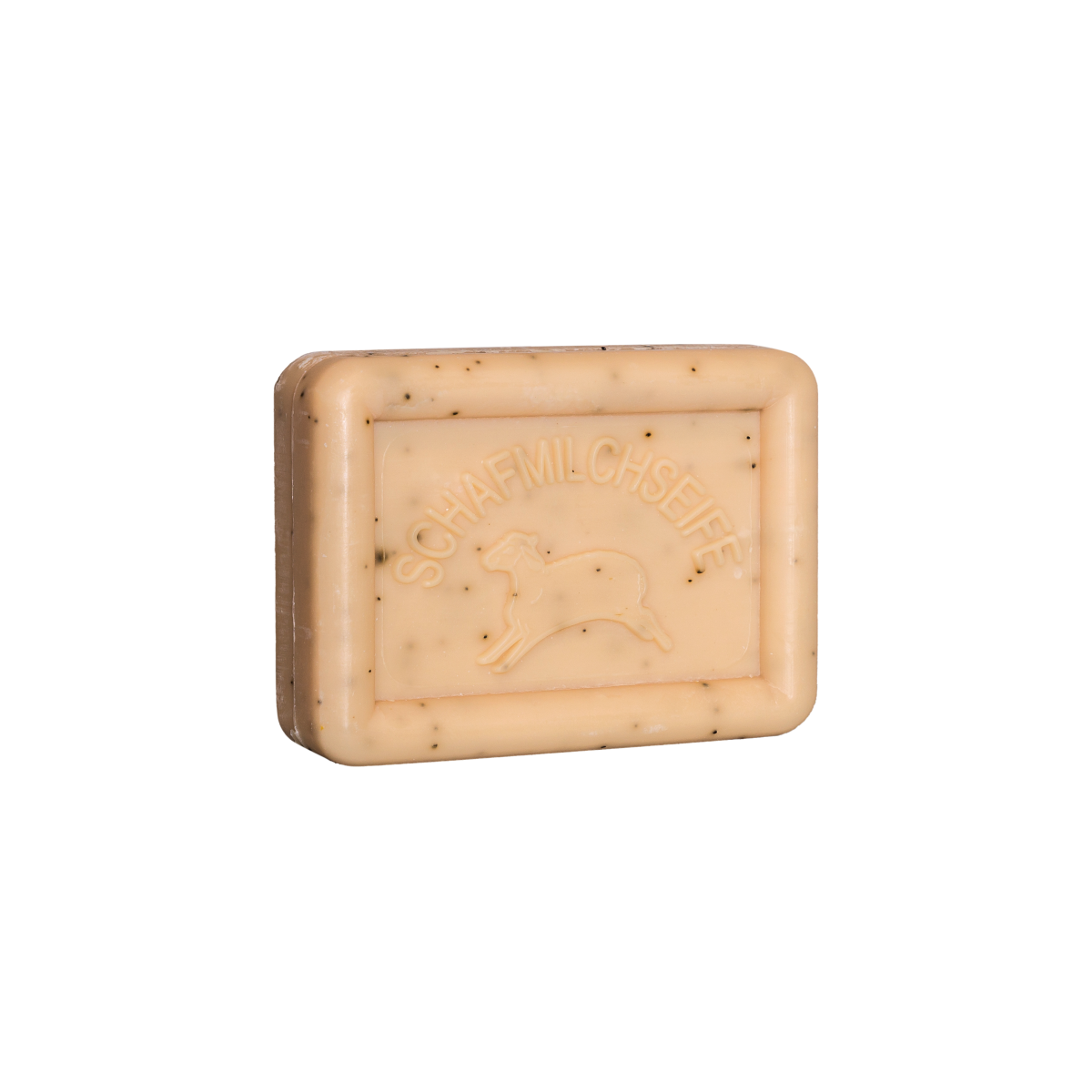Das rechteckige, beigefarbene Seifenstück Ovis Schafmilchseife Küchenseife mit dem Schriftzug „SCHAFMILCHSEIFE“ und einem Schafs-Umriss ist mit Schafmilch angereichert. Es hat eine glatte Oberfläche mit kleinen dunklen Sprenkeln.