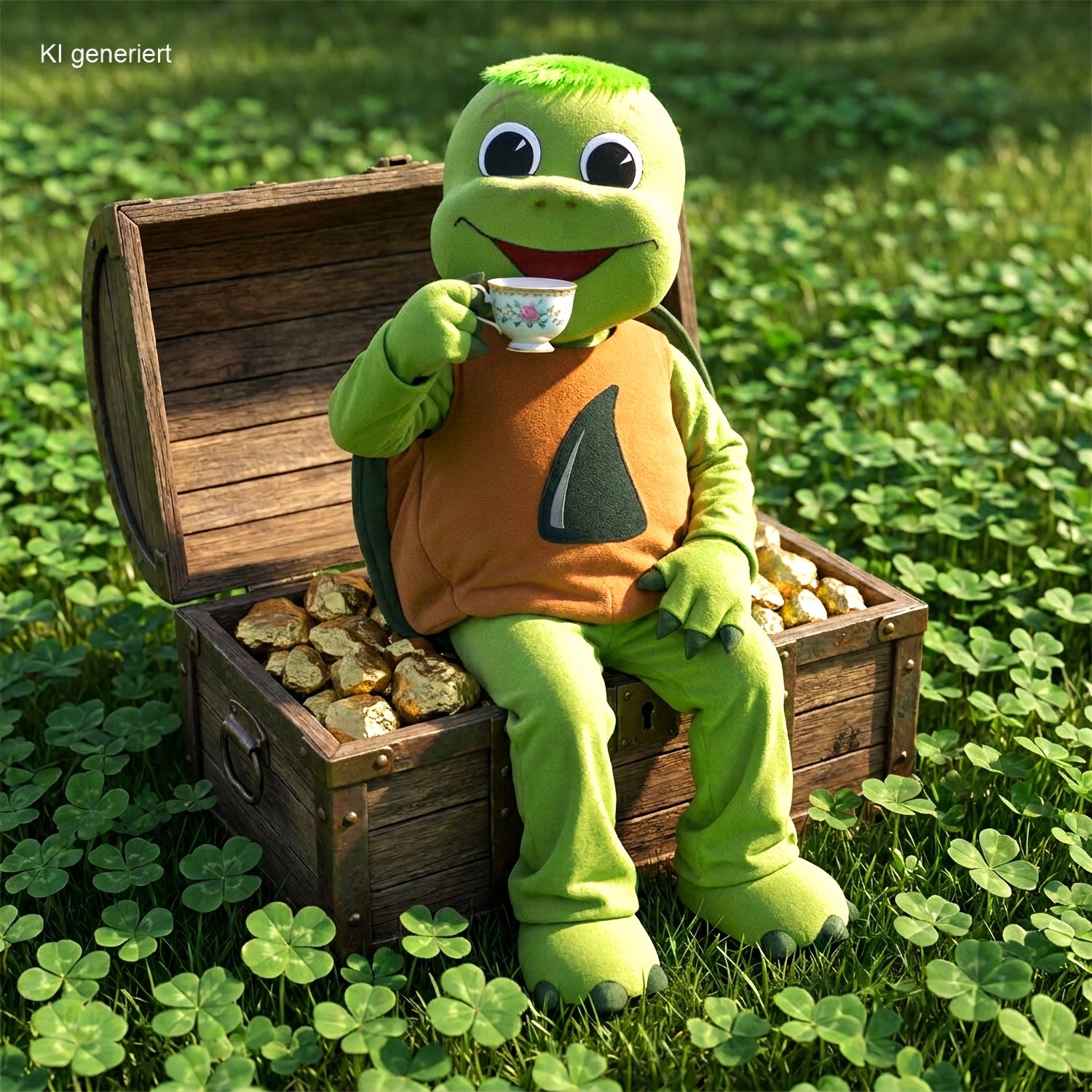 Eine Person in einem grünen Schildkrötenkostüm genießt die Früchteteemischung „Hildis Glücksschatz“ von Original Crottendorfer, während sie auf einer mit Gold überquellenden Schatzkiste sitzt und von Klee auf einer Wiese umgeben ist – ein perfektes Bild von Hildis Glücksschatz.