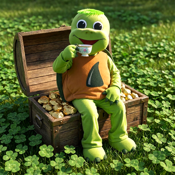 Eine Person in einem grünen Schildkrötenkostüm genießt die Früchteteemischung „Hildis Glücksschatz“ von Original Crottendorfer, während sie auf einer mit Gold überquellenden Schatzkiste sitzt und von Klee auf einer Wiese umgeben ist – ein perfektes Bild von Hildis Glücksschatz.