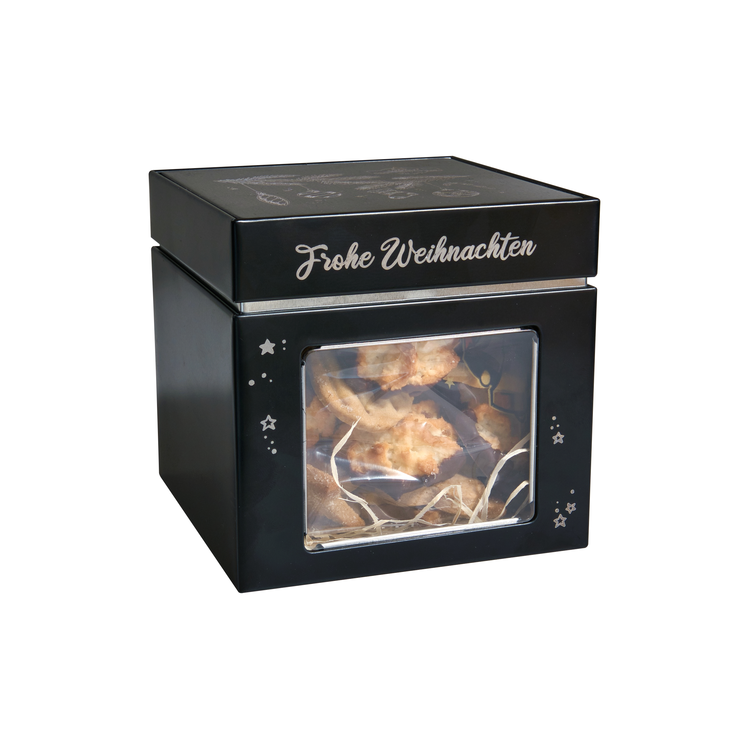 Die Keksdose, schwarz von Original Crottendorfer mit transparentem Fenster präsentiert eine festliche Gebäckmischung. 