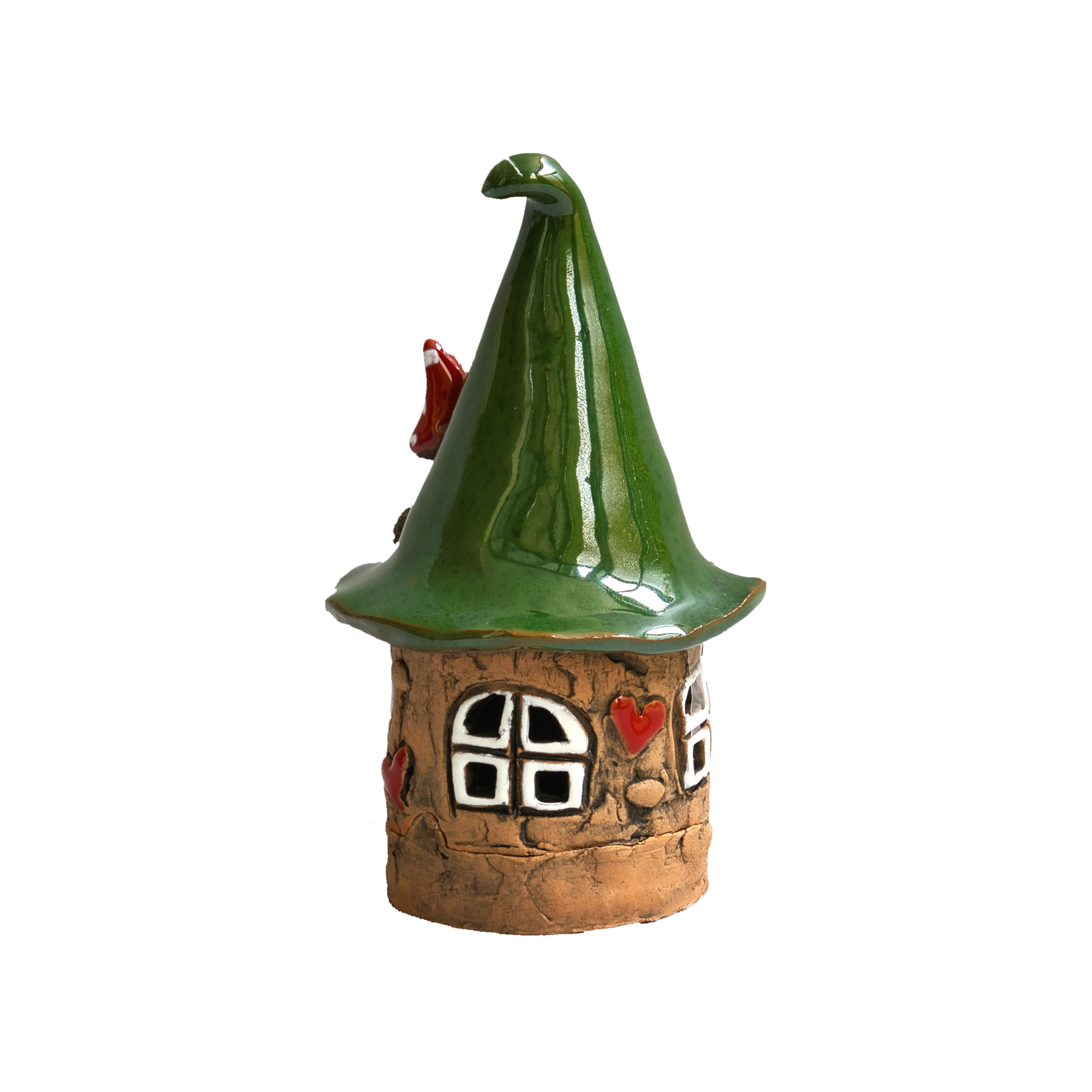 Ein kleines, verspieltes „Räucherhaus“-Keramik-Minizipfelhaus von Original Crottendorfer, liebevoll gefertigt, mit einem hohen grünen Spitzdach, Wänden in Steinstruktur, weißen Fenstern und bezaubernden roten Herzverzierungen.