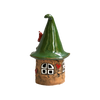 Ein kleines, verspieltes „Räucherhaus“-Keramik-Minizipfelhaus von Original Crottendorfer, liebevoll gefertigt, mit einem hohen grünen Spitzdach, Wänden in Steinstruktur, weißen Fenstern und bezaubernden roten Herzverzierungen.