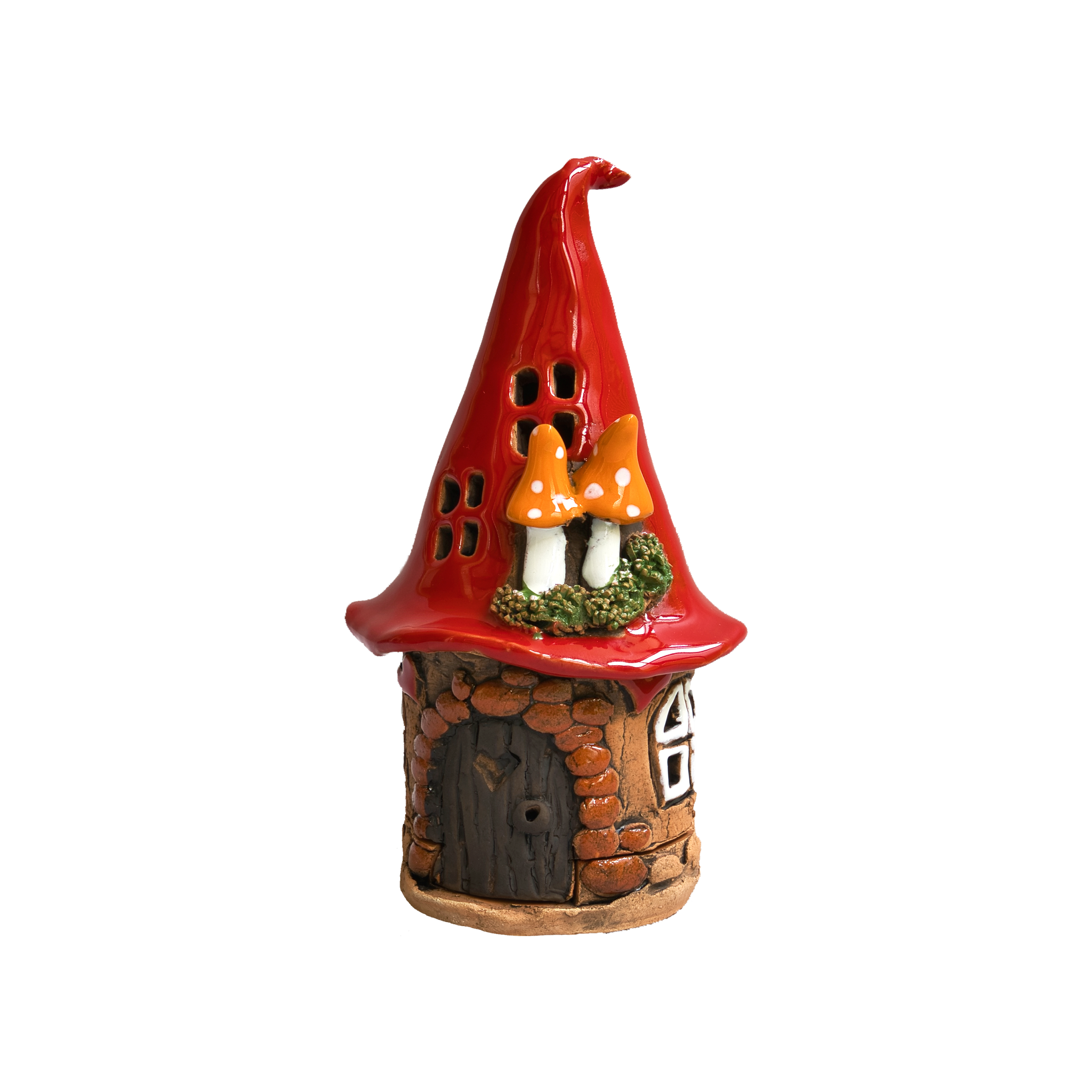 Ein verspieltes „Räucherhaus“-Keramik-Minizipfelhaus von Original Crottendorfer, liebevoll gefertigt, mit einem hohen roten Dach, kleinen Fenstern, einer Holztür und zwei orangefarbenen Pilzen, die aus dem Dach wachsen.