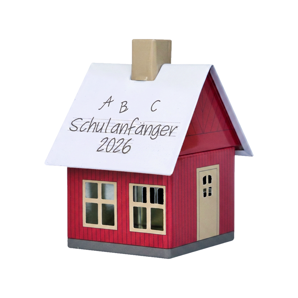 Das Räucherhäuschen „Schulanfänger 2026“ von Original Crottendorfer ist ein kleines, rotes Modell in Form eines Häuschens mit weißem Dach, auf dem der handgeschriebene Text „A B C Schulanfänger 2026“ zu sehen ist. Es ist als charmantes Räucherhäuschen gestaltet, verfügt über Fenster und eine Tür und dient sowohl als attraktives Dekorationsstück als auch als Räucherkerzenhalter. Das Produkt ist vor einem schlichten weißen Hintergrund fotografiert.