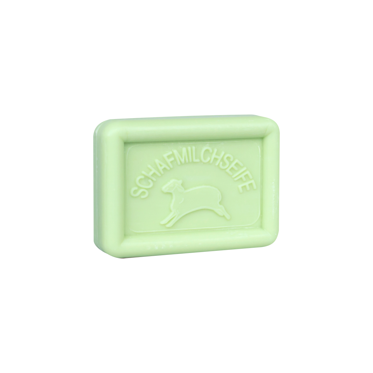 Ein hellgrüner, rechteckiger Barren der Ovis Schafmilchseife Mojito - Minze, geprägt mit 