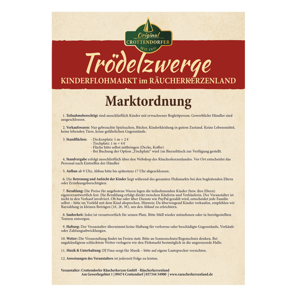 Original Crottendorfer's "Ticket Trödelzwerge & Zweitakt-Schätze Flohmarkt" am 14.06.26 / 04.10.26, 10-16 Uhr: Auf dem Plakat sind die Marktregeln, die erlaubten Artikel inkl. DDR-Fahrzeuge Teile, die Standgrößen und die Kontaktdaten am unteren Rand aufgeführt.