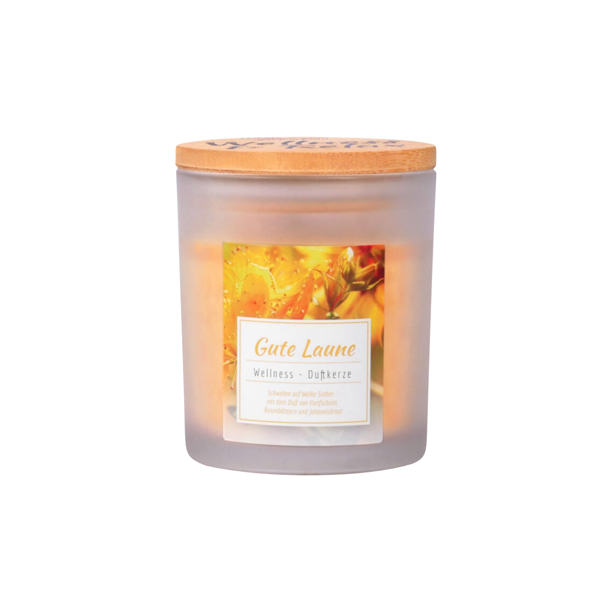 Die Wellness-Duftkerze Gute Laune von The Candle Factory ist eine handgefertigte, natürliche Stearin-Kerze im Milchglas mit Holzdeckel und gelb-orangem Blumendesign, die in Deutschland hergestellt wird.