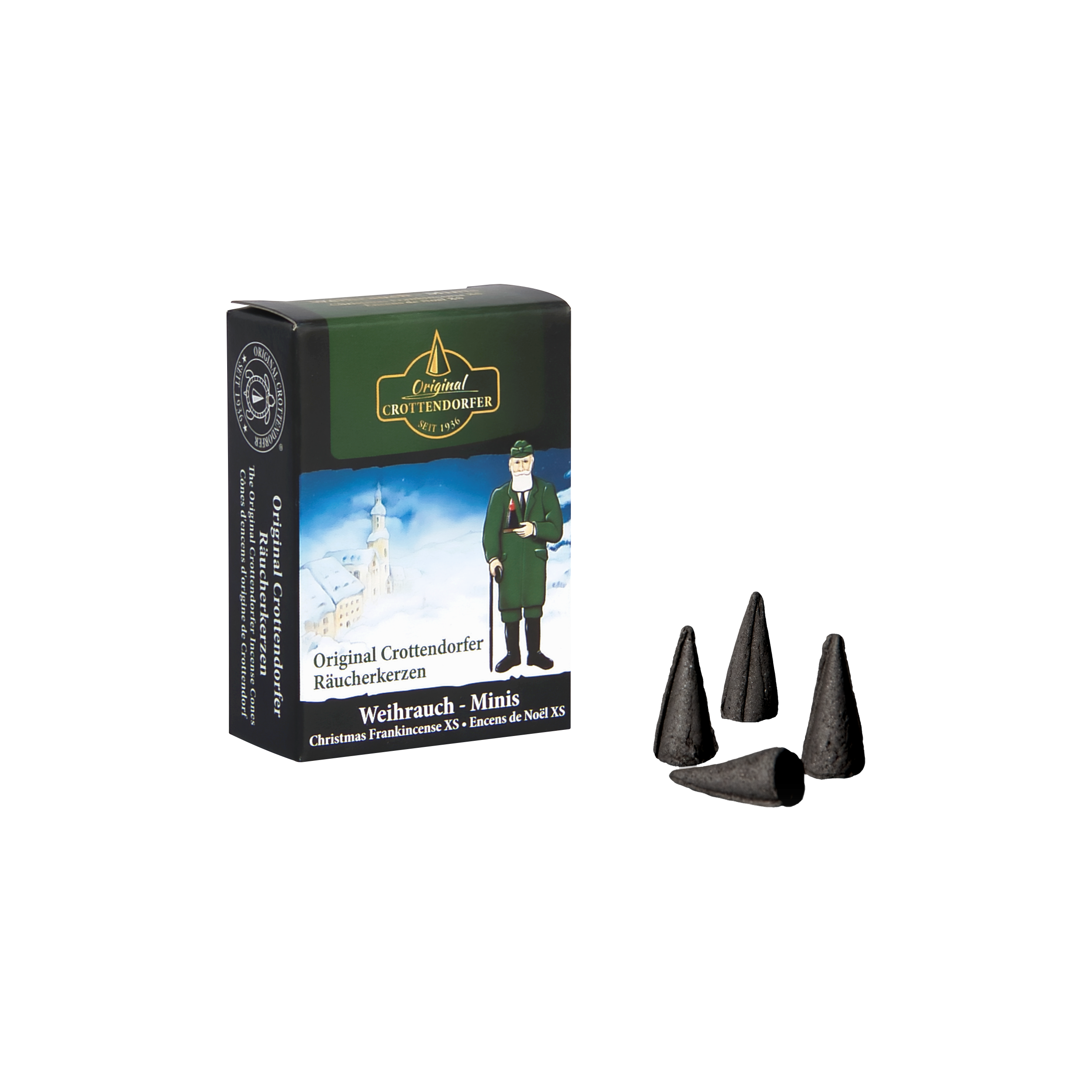 Eine Schachtel Räucherkerzen Weihrauch Minis von Original Crottendorfer Räucherkerzen zeigt auf der schwarzen Verpackung einen Mann in traditioneller Tracht. Dieses Set enthält vier kleine schwarze Zapfen, die den erzgebirgischen Weihnachtsduft einfangen, perfekt für jede Raachermannl-Präsentation.