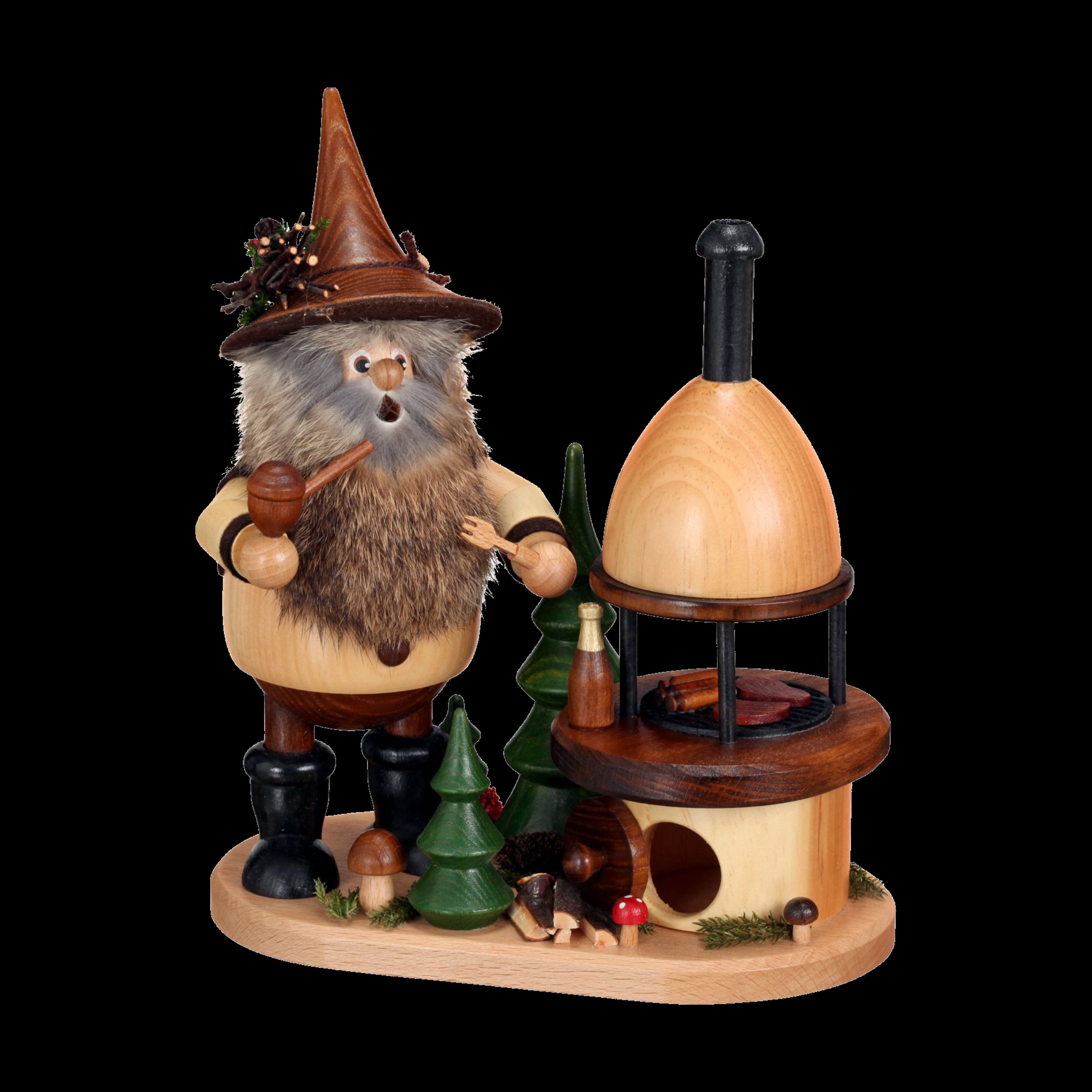 Das Waldwichtel am Grillofen von DWU Drechselwerkstatt Uhlig ist eine Räuchermann-Figur aus Holz, die einen bärtigen Mann mit Hut, Pfeife, reich verziertem Outfit und skurrilem Ofen darstellt. Es ist mit Waldelementen wie Bäumen und Pilzen geschmückt und zeigt die Handwerkskunst des Erzgebirges.