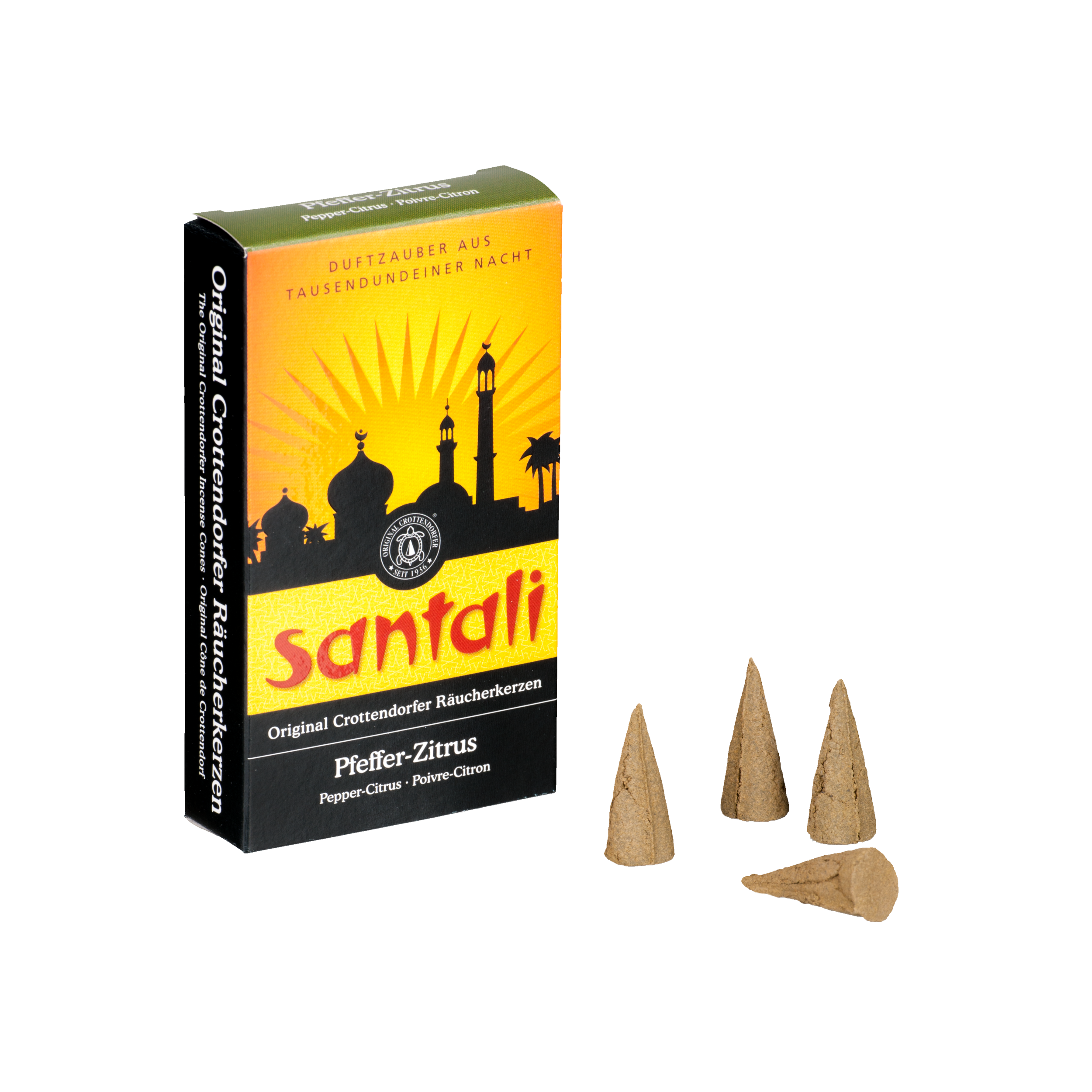 Eine schwarz-gelbe Schachtel Räucherkerzen Pfeffer Zitrus von Original Crottendorfer Räucherkerzen zeigt die Silhouette eines orientalischen Basars. Drei hellbraune Zapfen neben der Schachtel verströmen Düfte, die Sie auf exotische Märkte entführen.
