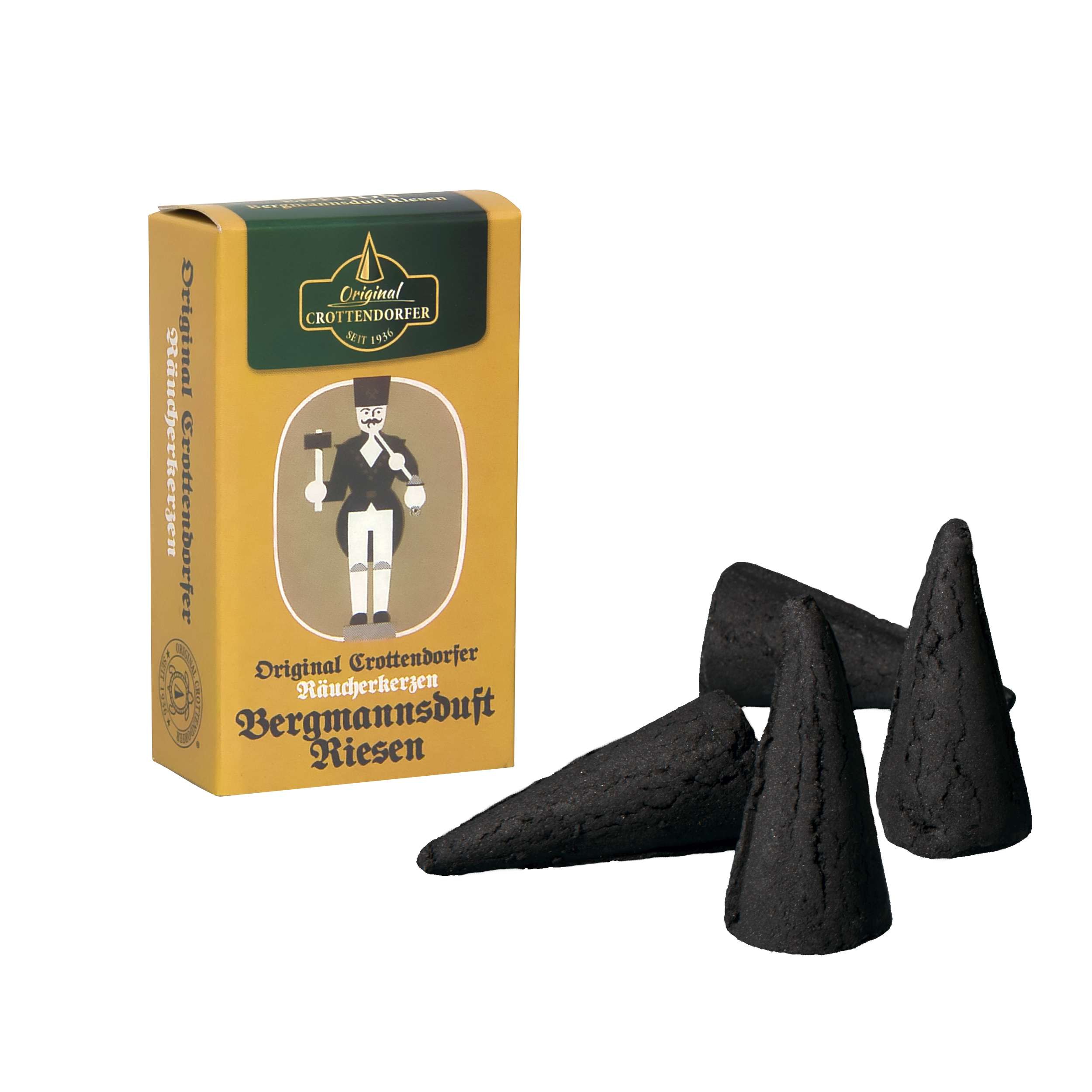 Eine Schachtel „Räucherkerzen Nostalgie Edition Bergmannsduft Riesen“ ziert eine Bergmannsillustration. Neben der Schachtel befinden sich drei schwarze, pyramidenförmige Räucherkegel, die einen Myrrhenduft verströmen, vor einem schwarzen Hintergrund, der das Produkt aufwertet.