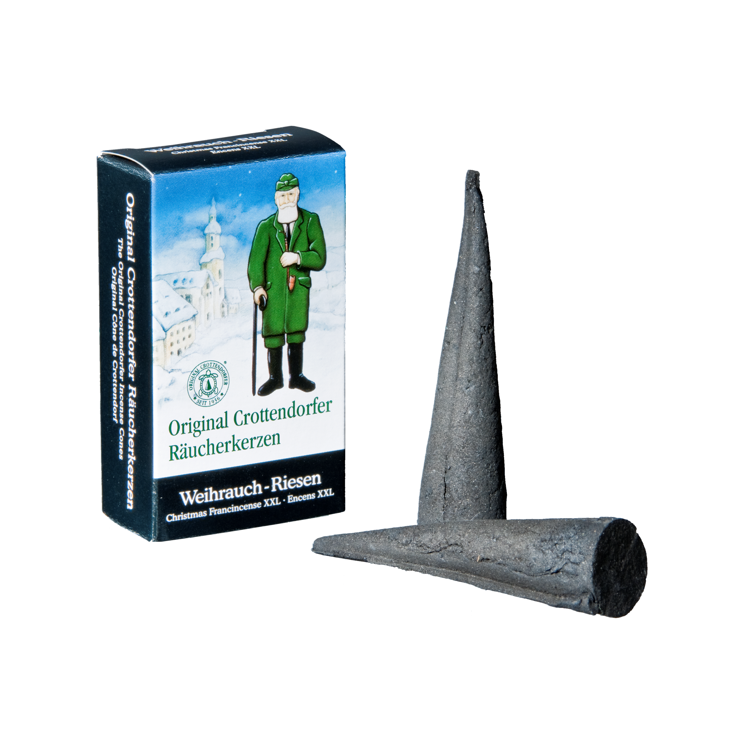 Die Original Crottendorfer Räucherkerzen Riesen 4er enthalten eine Box mit Trachtenillustrationen, perfekt für Räuchermänner-Fans, und zwei große, dunkelgraue Räucherkegel, die sich ideal zum Füllen großer Räume mit ihrem betörenden Duft eignen.