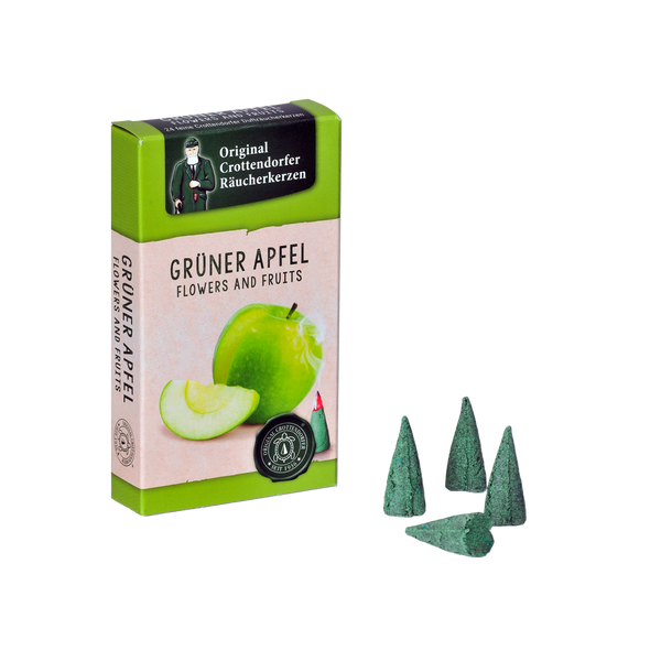 Abgebildet ist eine Packung „Räucherkerzen Grüner Apfel“ von Original Crottendorfer Räucherkerzen. Die grün-weiße Schachtel zeigt ein Bild von grünen Äpfeln und drei grünen Zapfen, die einen erfrischenden Duft verströmen, und ist mit dekorativem Text und Logo verziert.