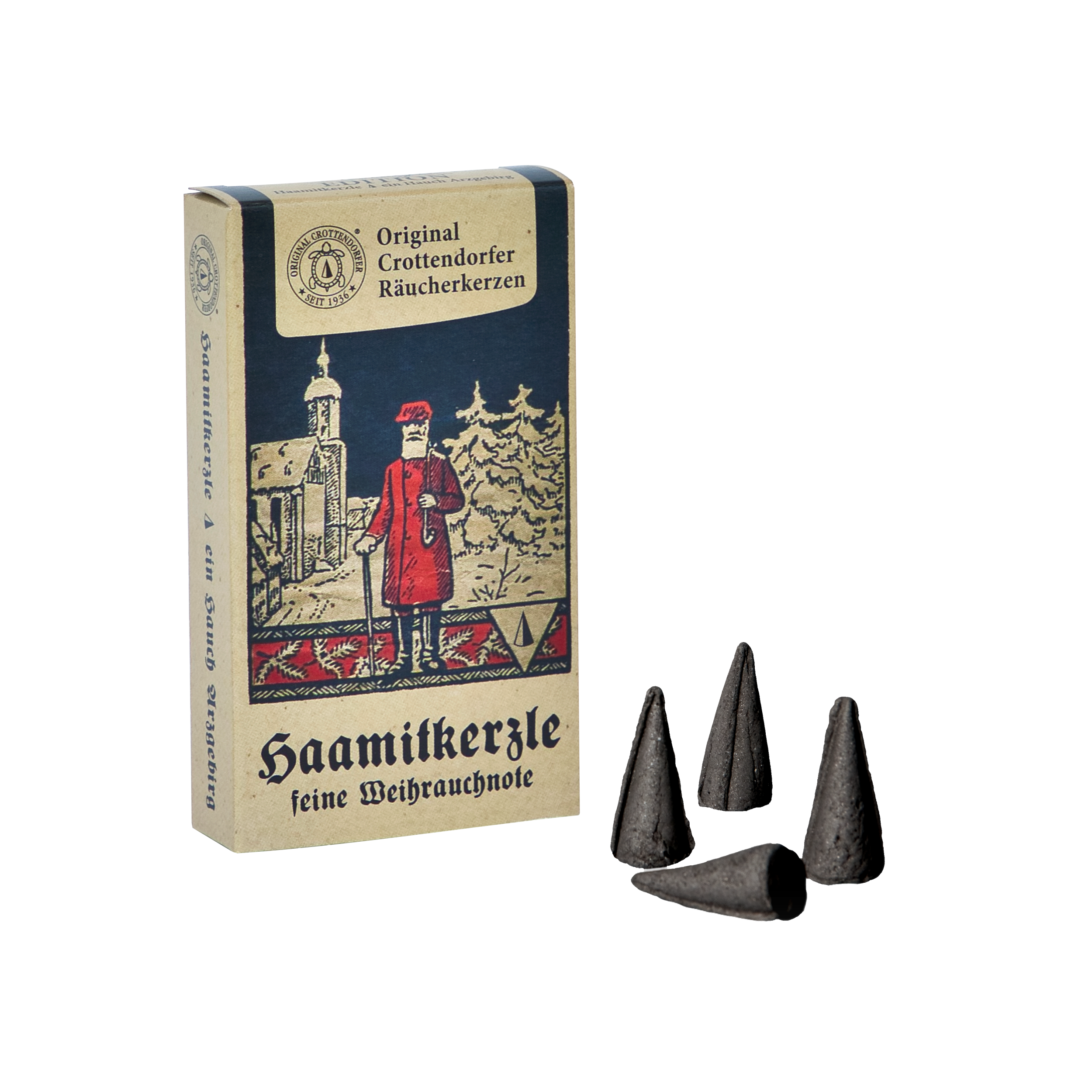 Abgebildet ist eine Schachtel Original Crottendorfer Räucherkerzen „Räucherkerzen Nostalgie Edition Haamitkerzle“, die eine dezente Weihrauchnote verströmt. Die Packungsillustration zeigt eine rot gekleidete Person mit einem Stab, umrahmt von Bäumen und einer Kirche. Daneben liegen vier schwarze Zapfen, die auf ihre aromatische Anziehungskraft hinweisen.