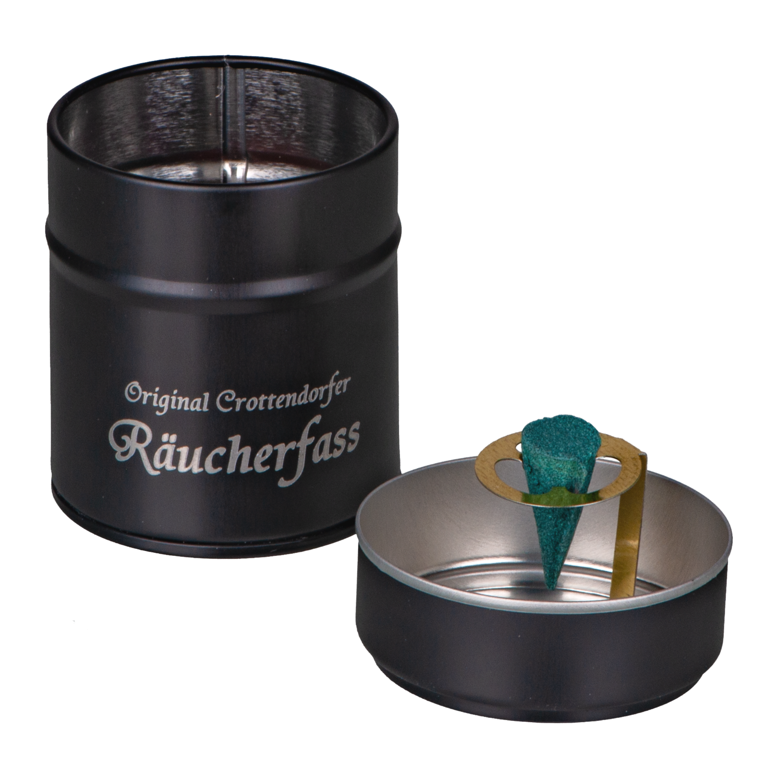Ein schwarzer, zylindrischer Räucherhalter, der einer Blechdose ohne Deckel ähnelt, zeigt einen grünen Kegel auf einem Metallsockel. Er trägt in weißer Schrift die Aufschrift „Original Crottendorfer Räucherkerzen – Crottendorfer Räucherfass zimt“ und verspricht ein exquisites Räuchervergnügen.