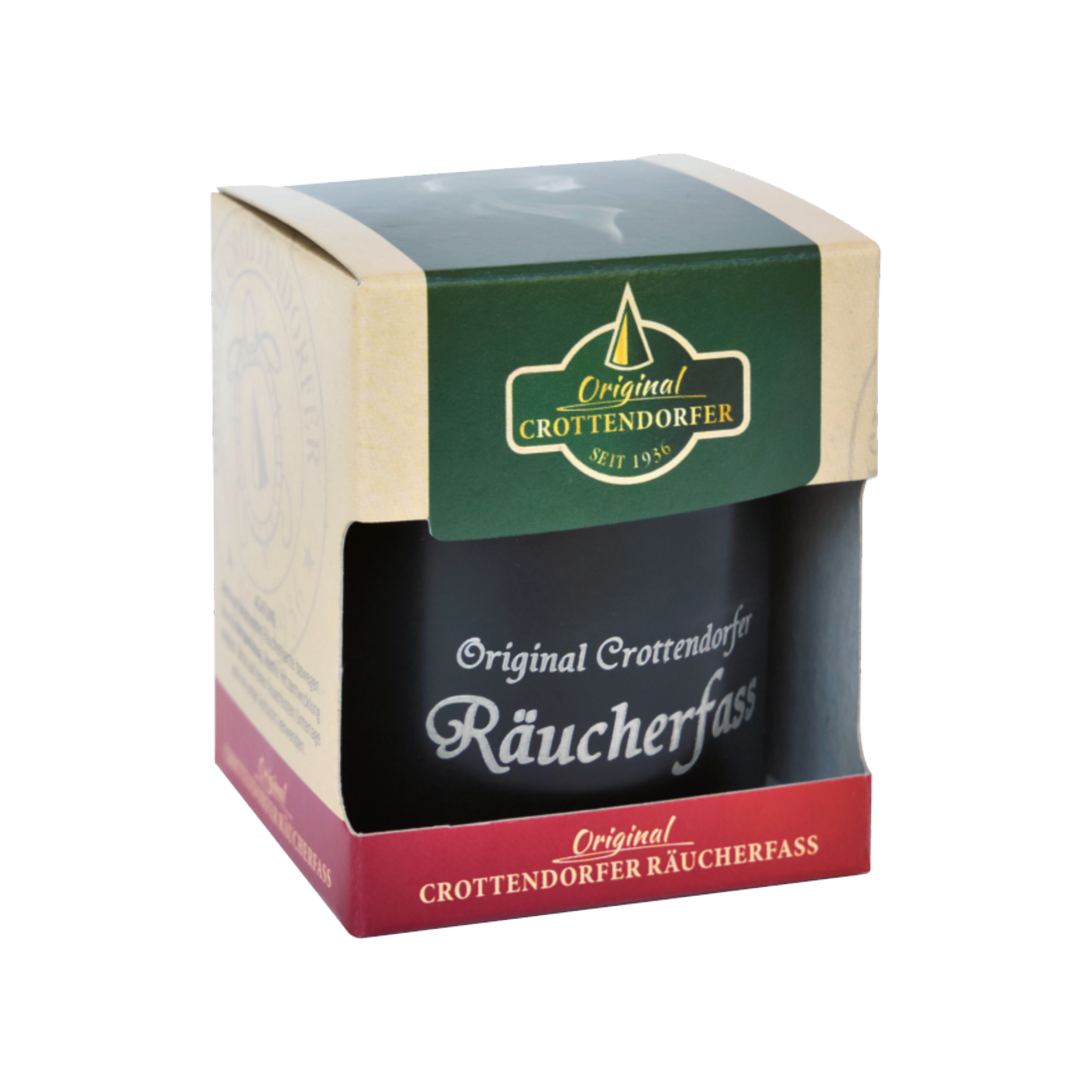 Die Verpackung des Crottendorfer Räucherfass zimt von Original Crottendorfer Räucherkerzen trägt ein grün-rotes Etikett mit der Aufschrift „Original Crottendorfer“ und „Seit 1936“. Durch den vorderen Ausschnitt kann man einen Blick auf die zeitlose Kunst des Räuchervergnügens werfen.
