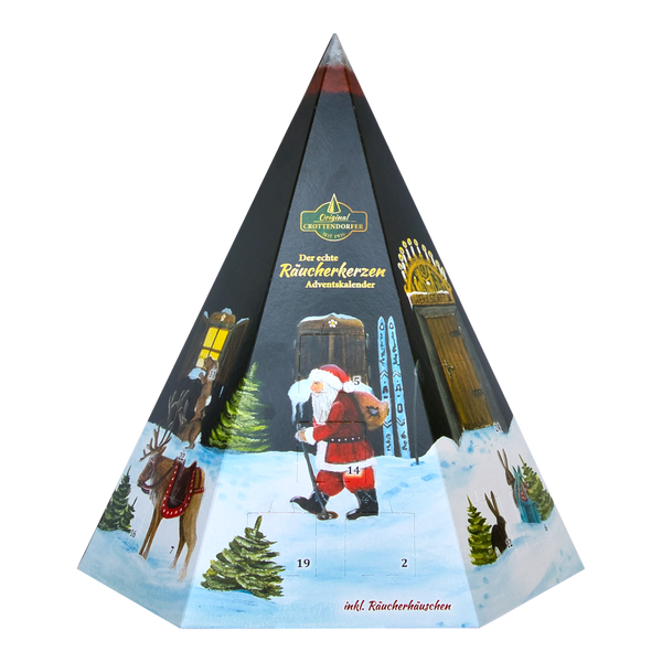 Der Räucherkerzen-Adventskalender - Pyramide von Original Crottendorfer Räucherkerzen zeigt festlichen Weihnachtsmann, Rentiere, Bäume und Geschenke auf einem verschneiten Hintergrund. Öffnen Sie jedes Fenster, um 24 verschiedene Düfte zu entdecken!.