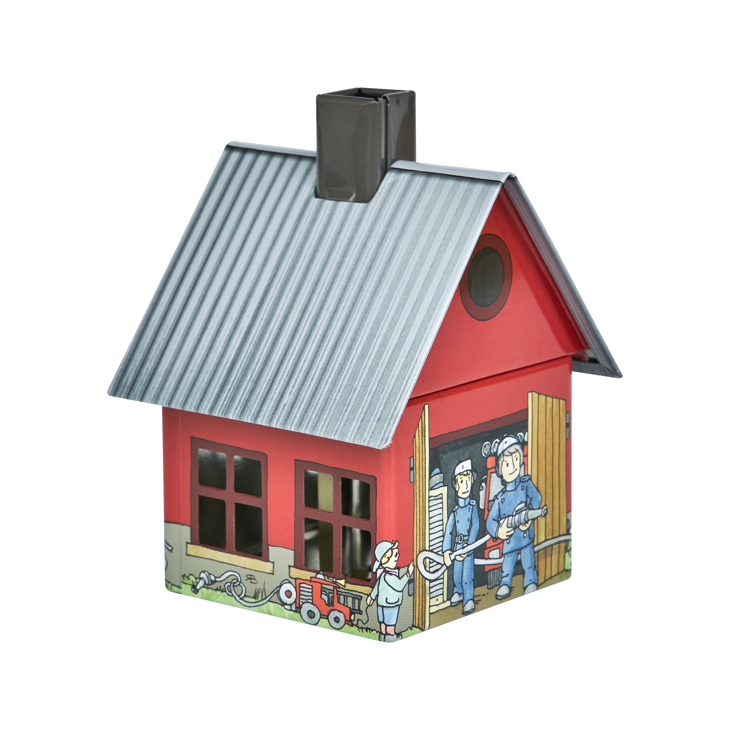 Das Räucherhäuschen Feuerwehr von Original Crottendorfer Räucherkerzen ist ein kleines, rotes, illustriertes Räucherstäbchenhalter-Modellhaus mit schrägem grauem Dach und dunkelgrauem Metallschornstein. Es zeigt Cartoon-Feuerwehrmänner, einen Hund und einen Hydranten mit einer offenen Tür, die verspielte Feuerwehrdetails im Inneren enthüllt.