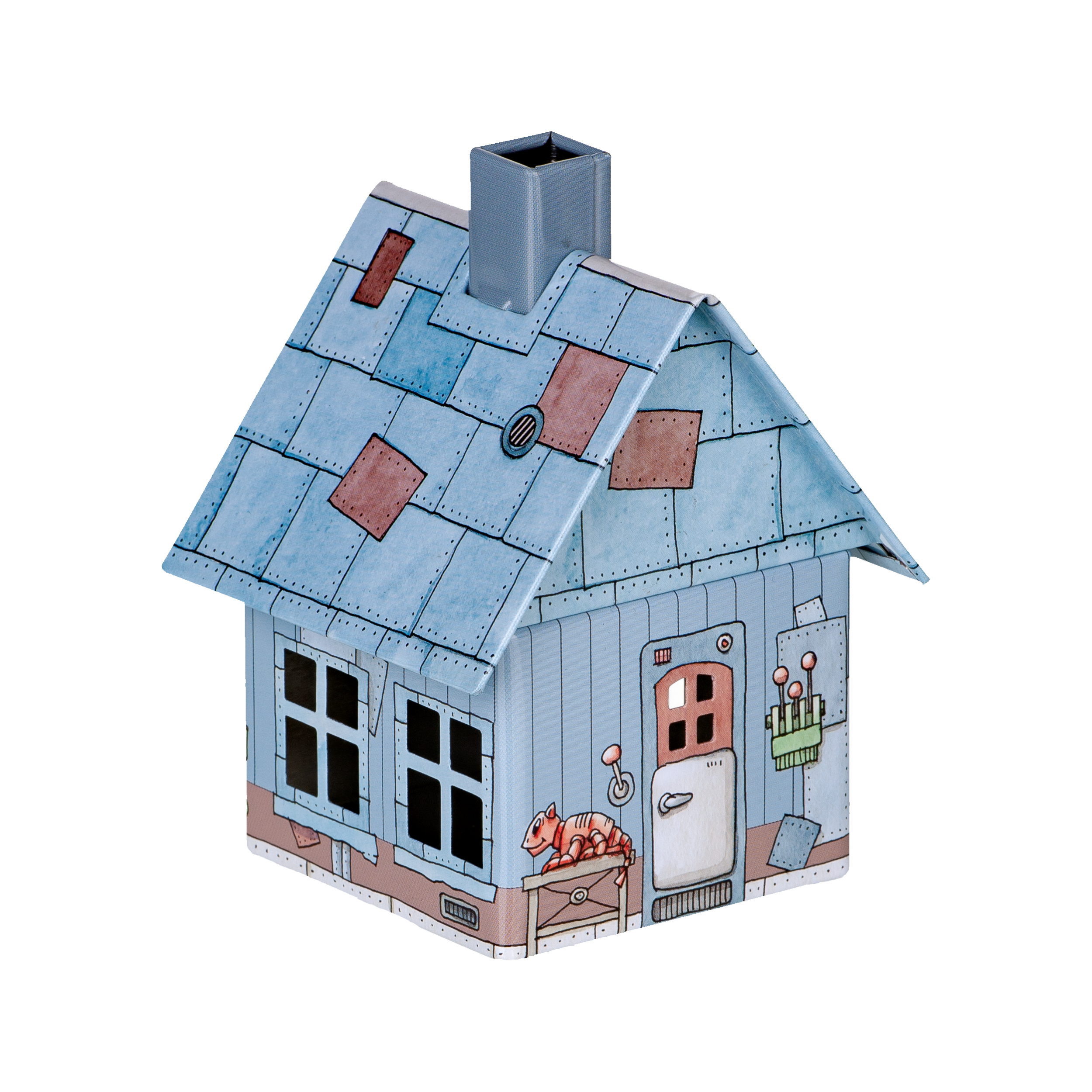 Das Räucherhäuschen Villa Rost von Original Crottendorfer Räucherkerzen ist ein kleines, dekoratives blaues Metallhaus mit Patchwork-Dach, weißen Fenstern und Eingangstür. Mit skurrilen Katzen- und Pflanzenillustrationen. Perfekt als Räucherkerzenhalter oder einzigartiges Geschenk.