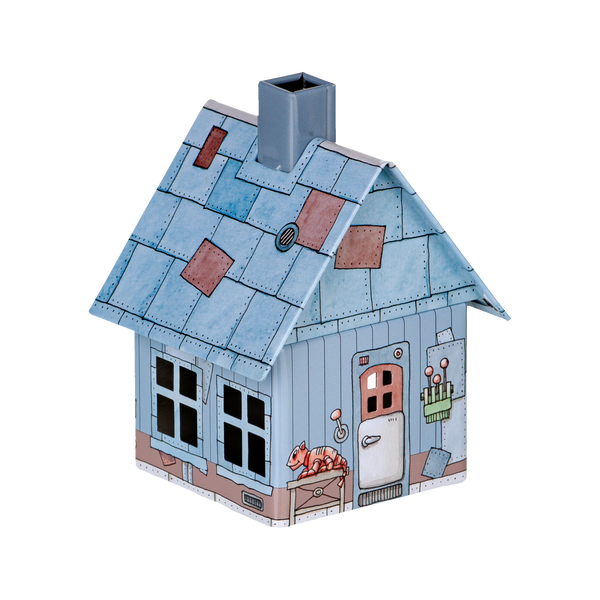 Das Räucherhäuschen Villa Rost von Original Crottendorfer Räucherkerzen ist ein kleines, dekoratives blaues Metallhaus mit Patchwork-Dach, weißen Fenstern und Eingangstür. Mit skurrilen Katzen- und Pflanzenillustrationen. Perfekt als Räucherkerzenhalter oder einzigartiges Geschenk.