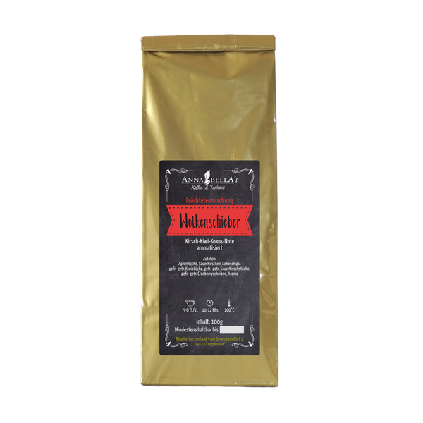 Eine 100 g Goldpackung der Früchteteemischung Wolkenschieber von Original Crottendorfer trägt ein schwarz-rotes Etikett, das Kirsch-Kiwi-Kokos-Noten, Kirschen, Preiselbeeren und knusprige Kokoschips hervorhebt. Es wird empfohlen, sie an einem kühlen, trockenen Ort aufzubewahren.