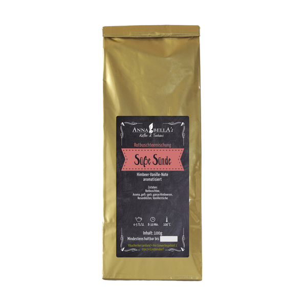 Eine Goldfolienpackung Rotbuschteemischung Süße Sünde von Original Crottendorfer enthält dekorative Elemente und köstliche Zutaten wie Himbeere, Bourbon-Vanille und Nüsse. Diese verlockende 100-g-Packung verspricht ein herrliches Aufgusserlebnis.