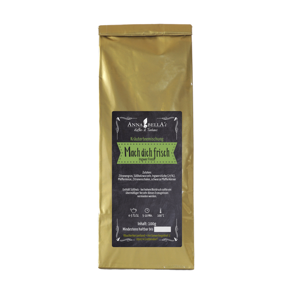 Goldfolienpackung mit Kräutertee und schwarzem Etikett mit der Aufschrift „Original Crottendorfer Kräuterteemischung Mach Dich frisch“. Mit Ingwer-Fresh und verschiedenen Kräutern für ein belebendes Erlebnis. Nettogewicht: 100 g.