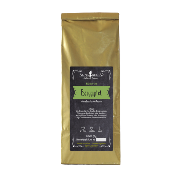 Eine Goldpackung des Kräutertees „Berggipfel“ von Original Crottendorfer im schwarz-grünen Design bietet Wellness-Erlebnisse. Sie enthält 50g und enthält eine ausführliche Brühanleitung und Nährwertangaben.