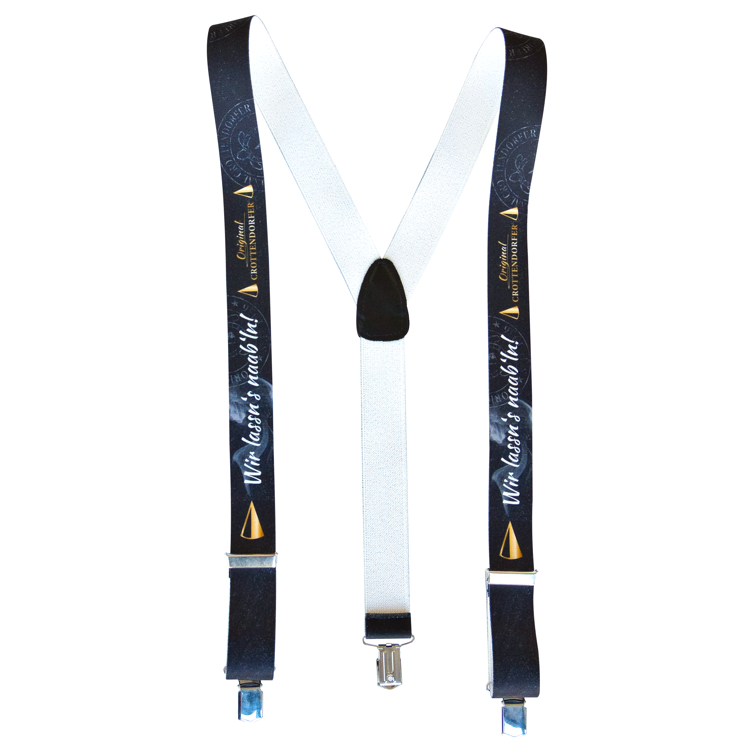 Die Hosenträger „Wir lassn’s naab’ln!“ von Original Crottendorfer überzeugen in Schwarz-Weiß mit gold-weißer Schrift, Y-Form, verstellbarem Mittelriemen und Metallclips – perfekt für Räucherfans.
