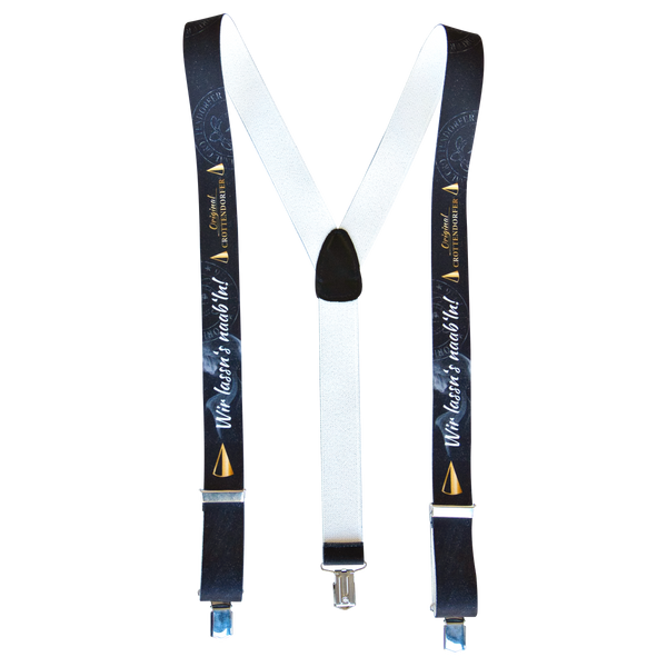 Die Hosenträger „Wir lassn’s naab’ln!“ von Original Crottendorfer überzeugen in Schwarz-Weiß mit gold-weißer Schrift, Y-Form, verstellbarem Mittelriemen und Metallclips – perfekt für Räucherfans.