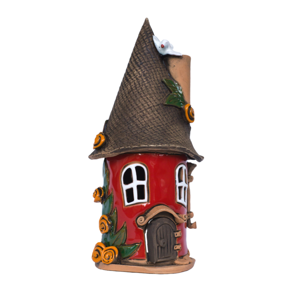 Das Räucherhaus Keramik Turmhaus rot von Original Crottendorfer ist liebevoll handgefertigt, mit roten Wänden, weiß verzierten Fenstern und gelben Blumen - ein bezauberndes Deko-Objekt für jeden Raum.