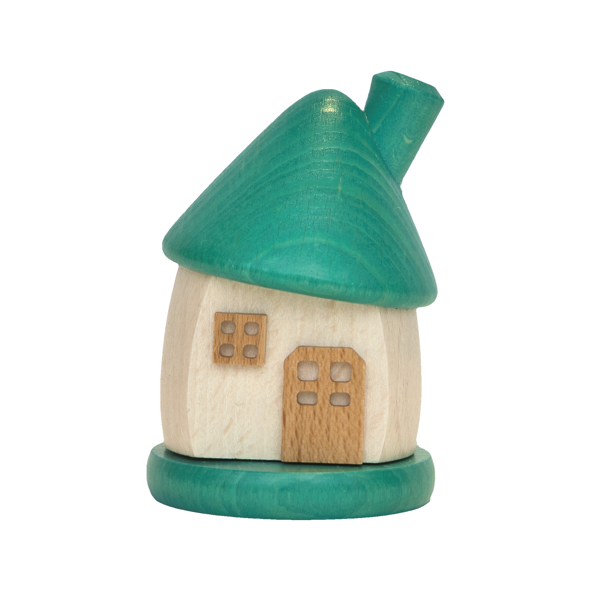 Das Holzwaren Egermann Räucherhäuschen rund aus Holz weiß/türkis ist eine bezaubernde Holzhausfigur mit grünem Kegeldach und Kamin sowie einer Holztür und Fenstern auf schlichtem Hintergrund.