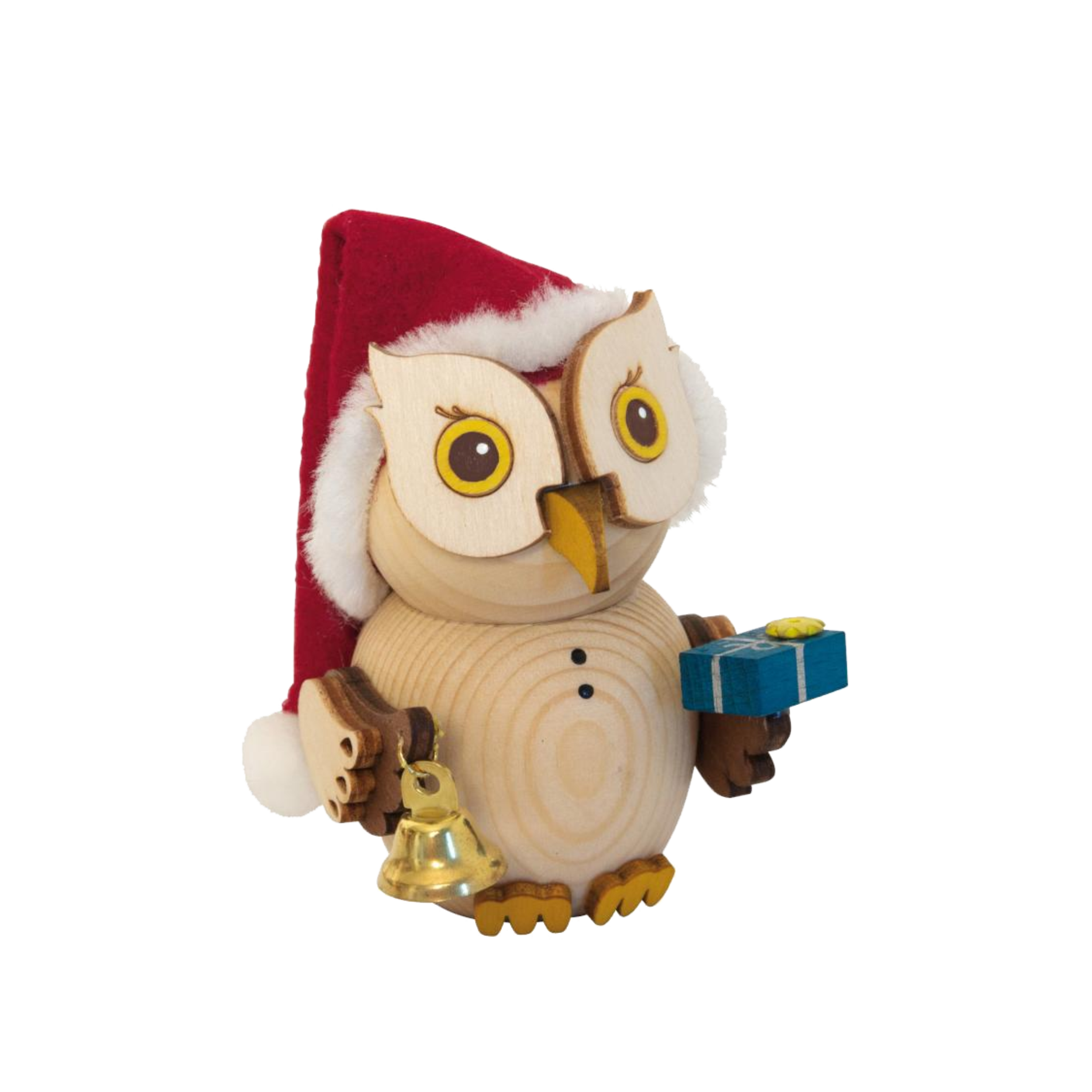 Der Mini Eule Weihnachtsmann von Drechslerei Kuhnert ist eine bezaubernde Eulenfigur aus Holz mit einer roten Weihnachtsmannmütze, die ein blaues Geschenk und eine goldene Glocke hält. Mit großen gelben Augen und einem fröhlichen Ausdruck verleiht sie jeder Sammlung nachhaltiger Holzfiguren festlichen Charme.