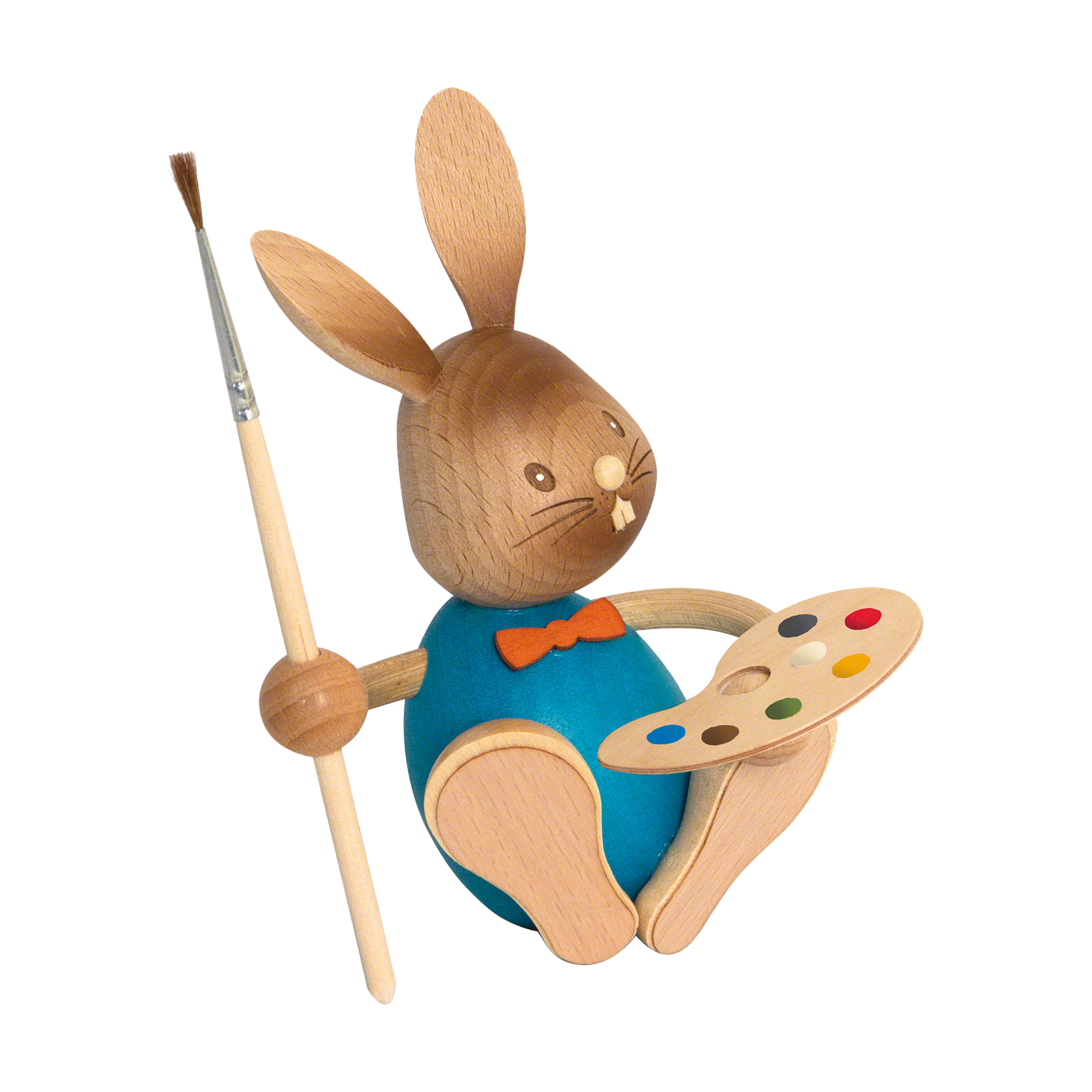 Der Stupsi Hase Eiermaler von Drechslerei Kuhnert ist eine bezaubernde Hasenfigur aus Holz mit blauer Weste und orangefarbener Fliege, die einen Pinsel und eine bunte Palette hält und aus nachhaltigem Holz gefertigt ist.