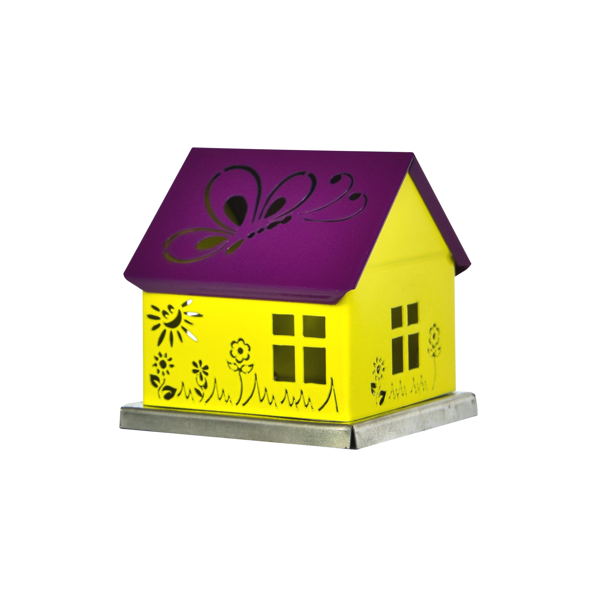 Das Räucherhäuschen Schmetterling beere/gelb der Schürer GmbH ist ein bezaubernder Kerzenständer mit violettem Dach mit Schmetterlingsausschnitt und gelben, mit Blumenmustern verzierten Wänden auf einem quadratischen Metallsockel, der jedem Raum einen skurrilen Charme verleiht.