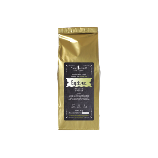 Die Verpackung aus goldener Folie verfügt über ein schwarzes Etikett mit „Engelskuss“ von Original Crottendorfer, detaillierte Produktinformationen und eine Kaffeetassengrafik. Es bietet Noten von Passionsfrucht und Ananas, die sein einzigartiges Geschmacksprofil unterstreichen.