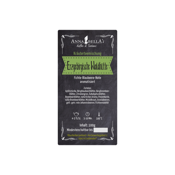 Eine schwarze Packung „Erzgebigische Waldhütte“ Kräutertee von Original Crottendorfer mit den Aromen Fichte, Heidelbeere und Fichtennadelöl. Inklusive Zutatenliste und Zubereitungsanleitung mit einem Gesamtgewicht von 100g.