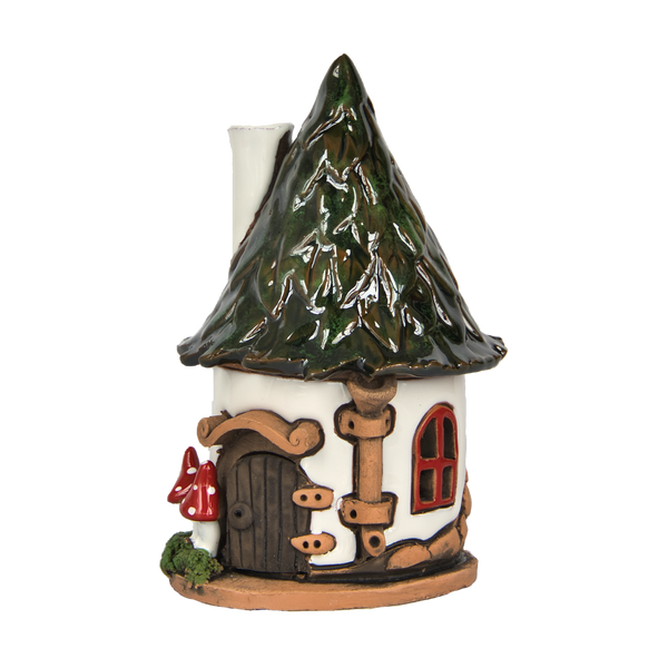 Das Original Crottendorfer Räucherhaus Keramik Pilzhaus weiß ist ein skurriles Haus in Pilzform mit einem grünen Spitzdach, einer Holztür, einem rot gerahmten Fenster und einem kleinen roten Pilz am Sockel, was es in jeder Umgebung zu einem echten Hingucker macht.